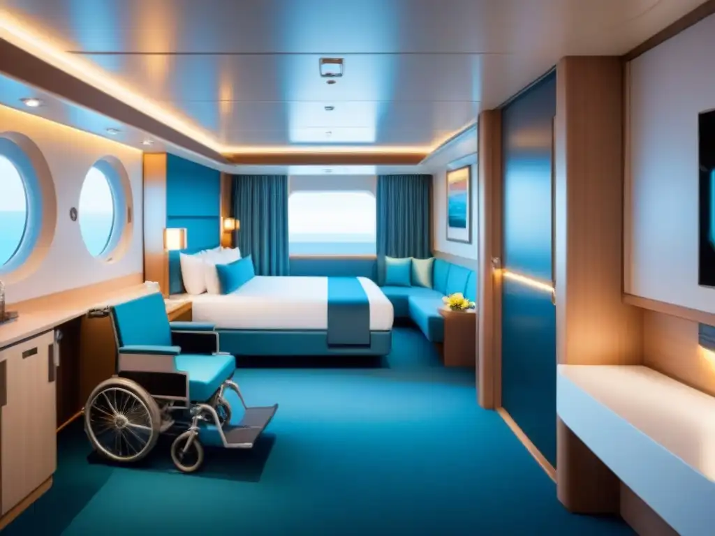 Un camarote de crucero accesible para todos, con diseño moderno y acogedor, resaltando la inclusividad y comodidad a bordo