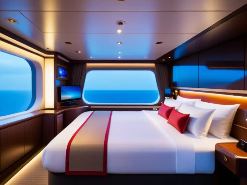 Un camarote de crucero de lujo con diseño moderno, iluminación inteligente y vista al mar