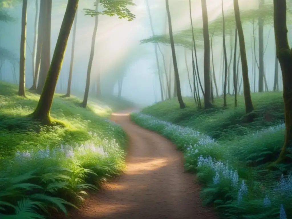Un camino sereno y minimalista en un bosque verde, iluminado por la luz del sol