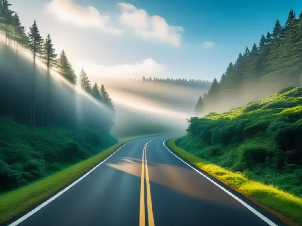 Un camino serpenteante en un bosque verde vibrante, con la luz del sol filtrándose entre los árboles