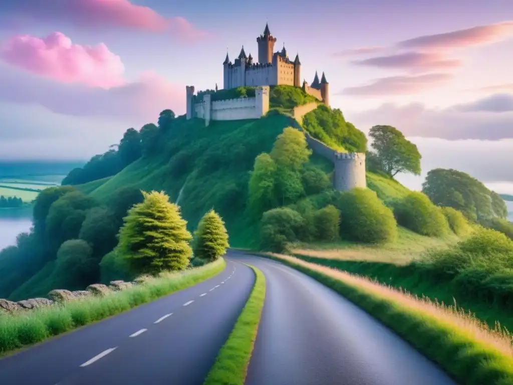 Un camino serpenteante entre colinas verdes con un castillo majestuoso en un acantilado sobre un lago sereno al amanecer