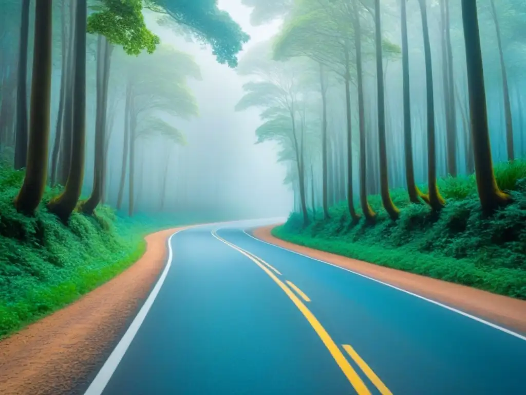 Un camino serpenteante en un frondoso bosque bajo un cielo azul