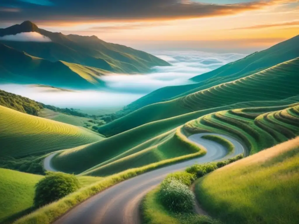 Un camino de tierra serpenteante entre montañas verdes con un cielo azul y nubes blancas dispersas al atardecer