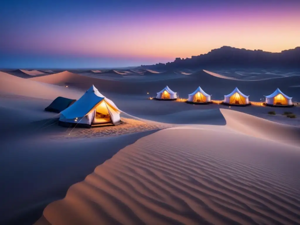 Campamento de lujo en el desierto al atardecer con tiendas blancas iluminadas, rodeado de dunas doradas bajo un cielo estrellado