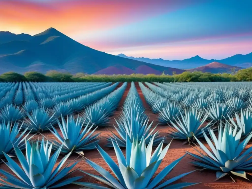 Un campo de agave mexicano al amanecer, con filas de plantas azules bajo el cielo pastel