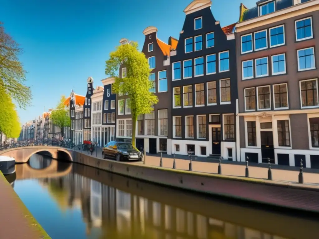 Un canal sereno en Ámsterdam, bordeado de pintorescos edificios históricos reflejándose en el agua tranquila, bajo un cielo azul claro