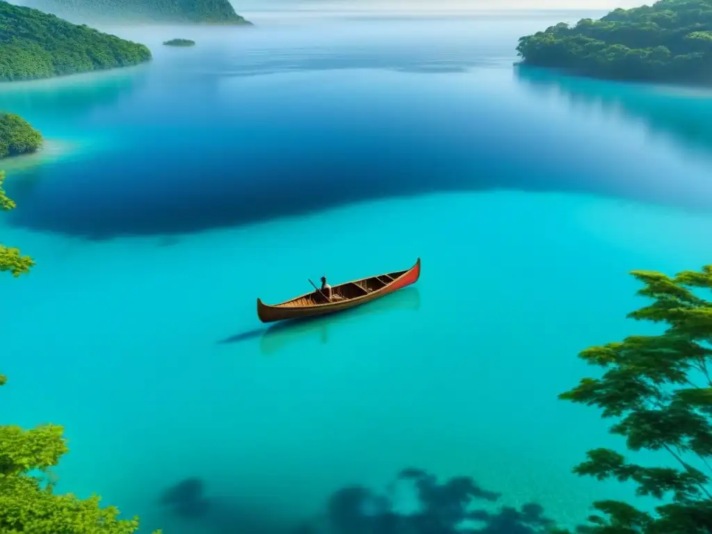 Una canoa de madera tradicional navegando en aguas turquesas, rodeada de exuberante vegetación bajo un cielo azul