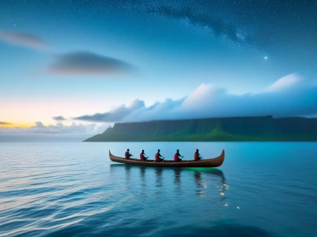 Canoa polinesia navegando en aguas cristalinas bajo un cielo estrellado