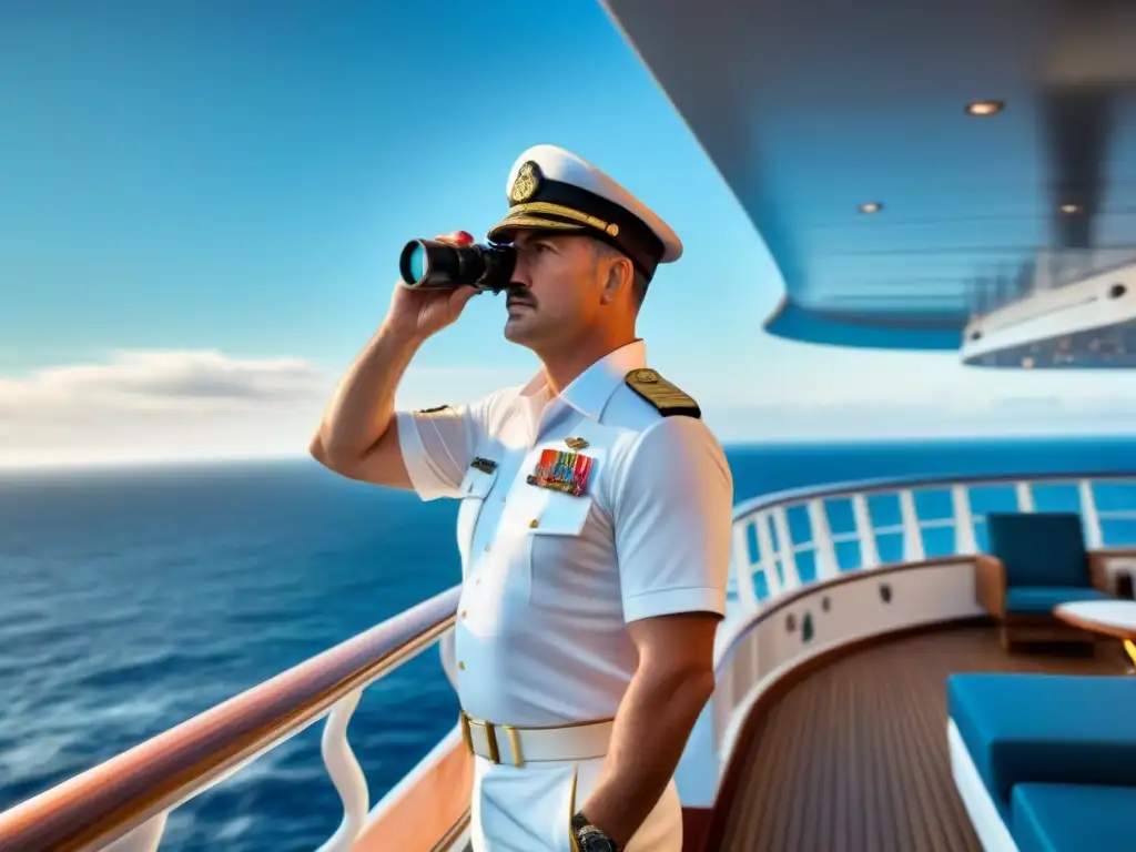 Un capitán de crucero de lujo, con autoridad y elegancia, observa el horizonte con sus binoculares