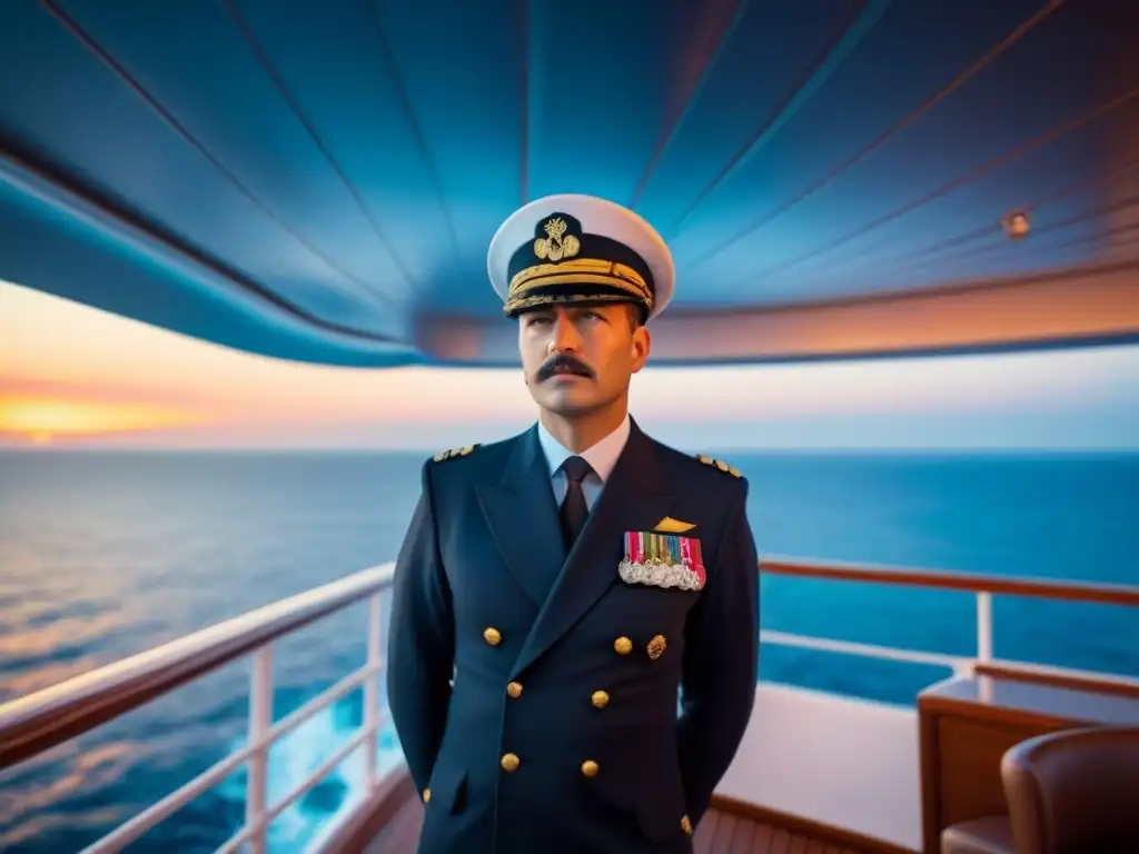 Un capitán de crucero de lujo, con expresión serena, en uniforme elegante, en cubierta al atardecer