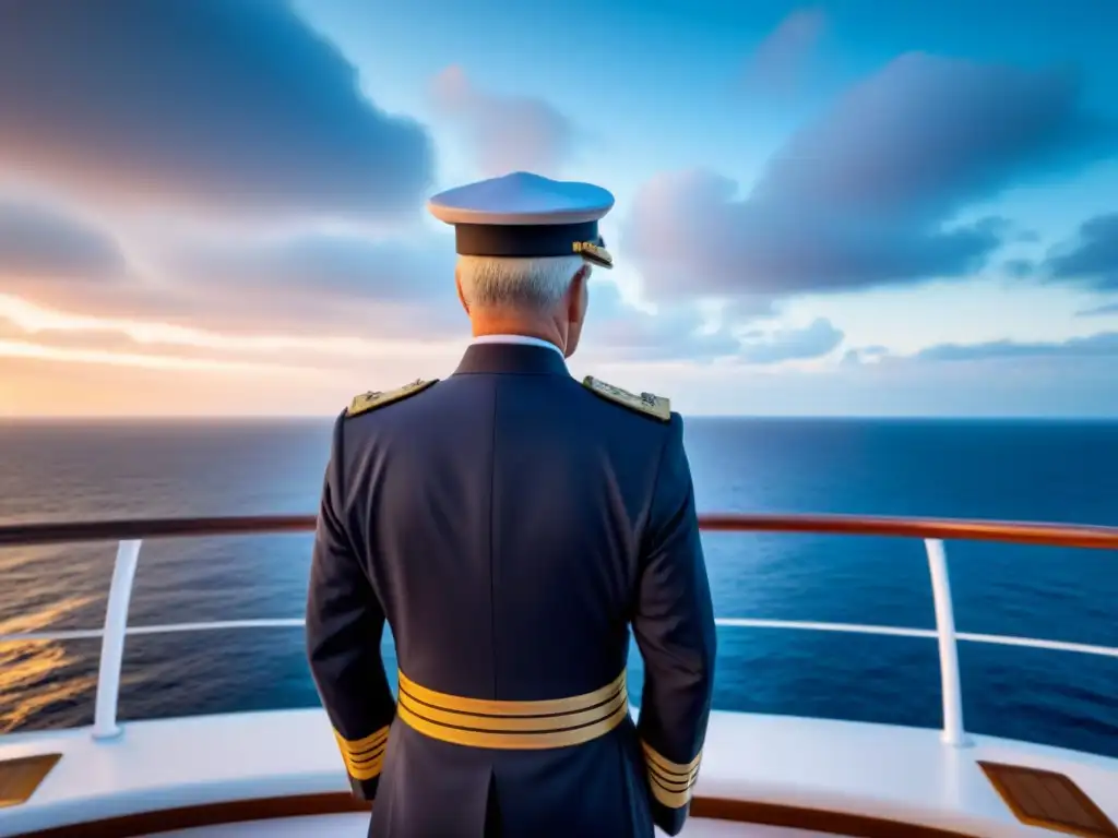 Un capitán de crucero de lujo, elegantemente firme en la cubierta, observando el horizonte al atardecer