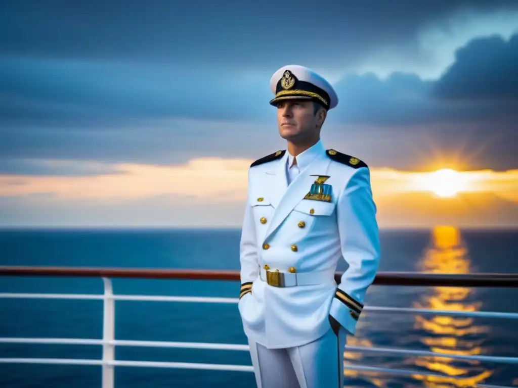 Un capitán de crucero de lujo contempla el horizonte marino al atardecer