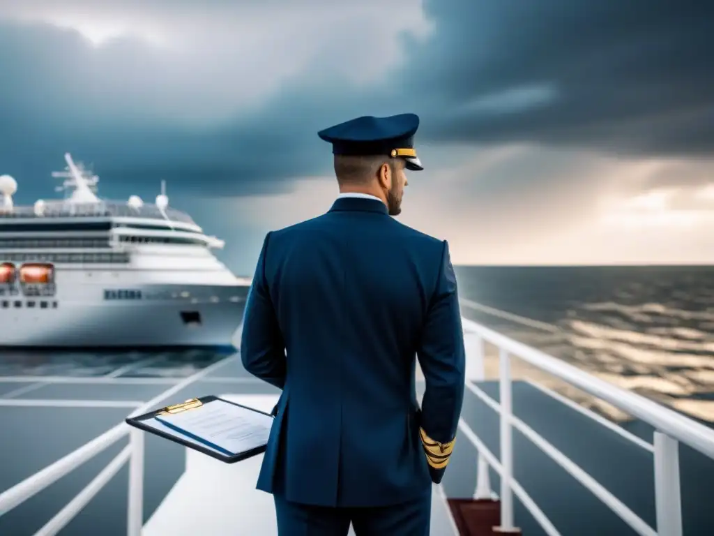 Un capitán de crucero inspecciona la nave bajo un cielo tormentoso, destacando la seguridad en cruceros en condiciones adversas