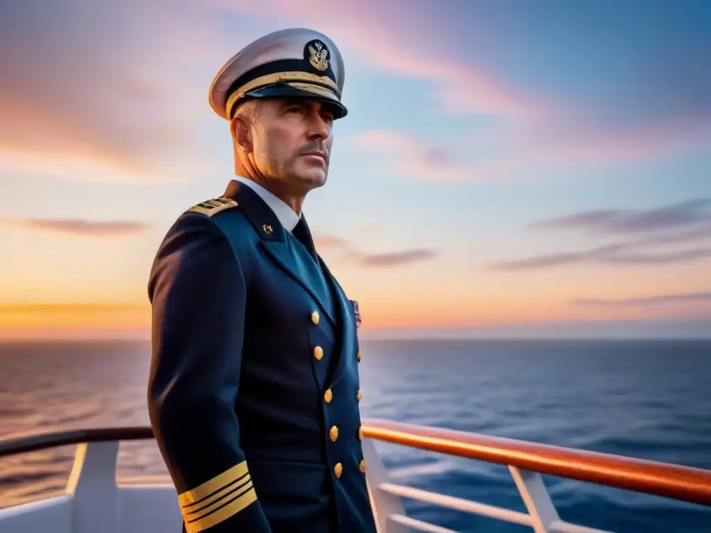 Un capitán marítimo liderando con determinación, mirando al horizonte en un atardecer dramático