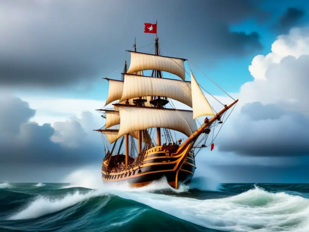 Una carabela de Vasco da Gama surcando mares turbulentos bajo un cielo dramático, evocando aventuras marítimas Vasco da Gama