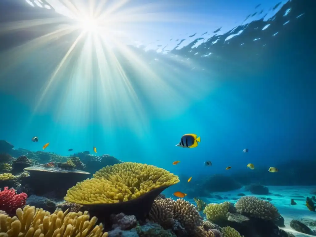 Cardumen de peces tropicales nadando entre corales vibrantes en un océano prístino