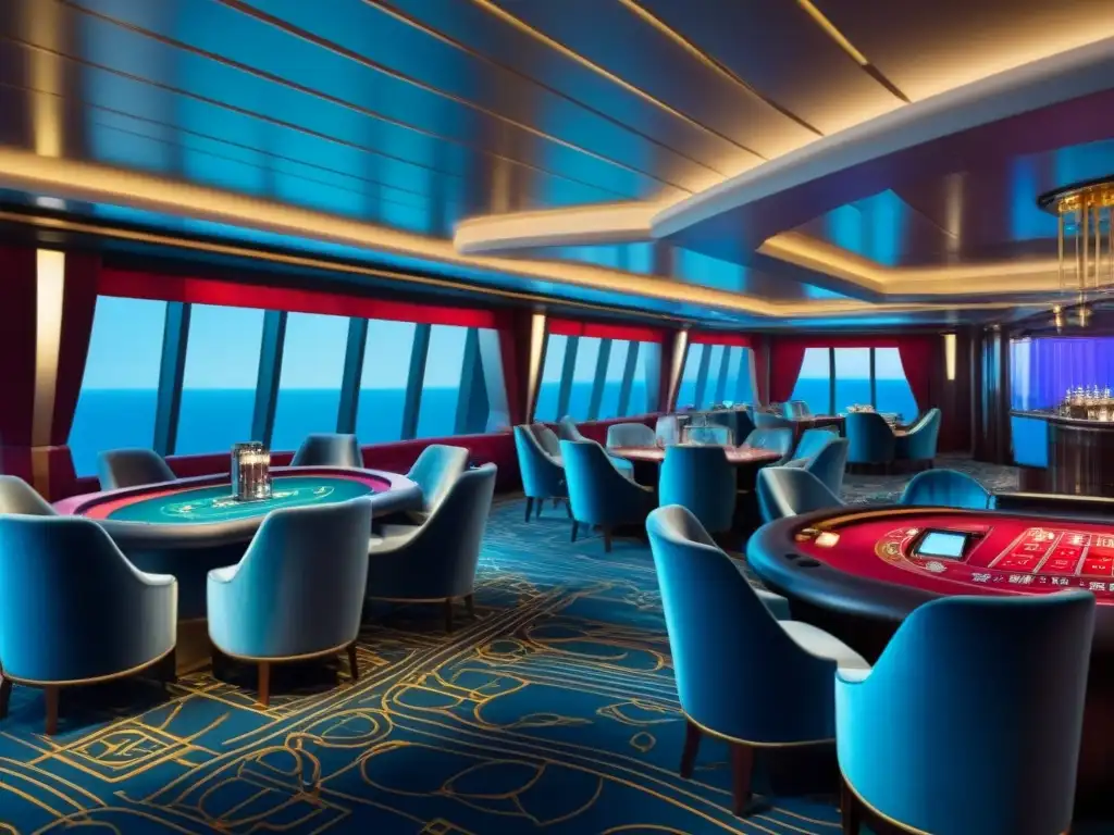 Casino en cruceros de lujo: Interior elegante con decoración moderna, sillas de terciopelo y vista al mar