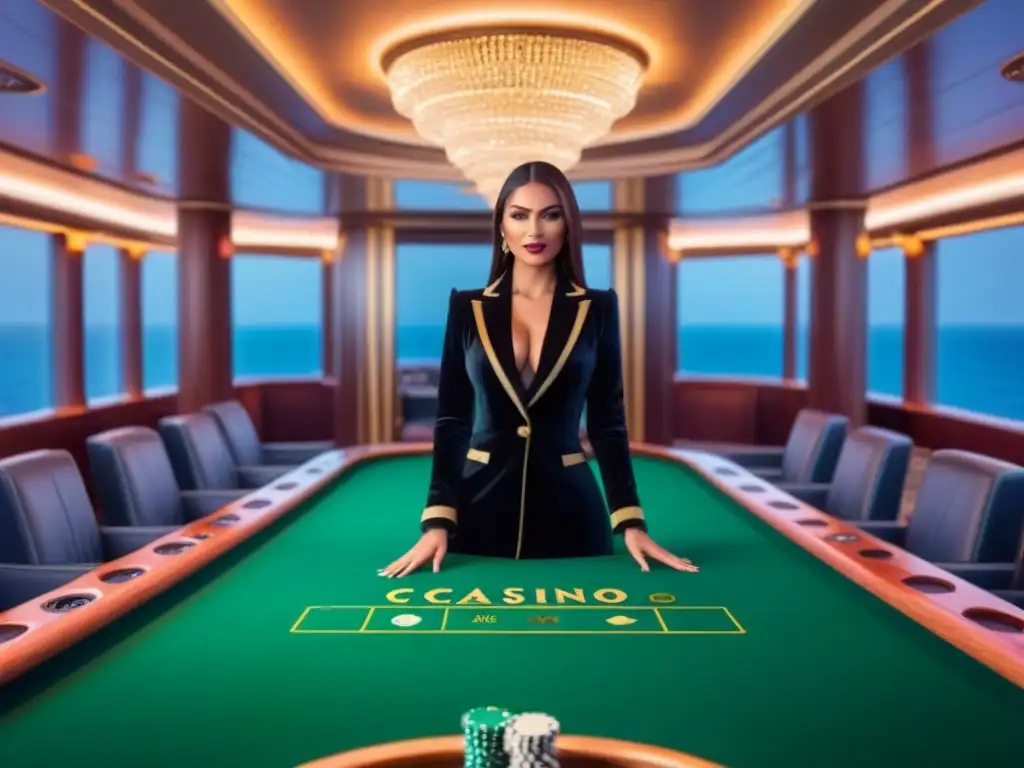 Casino de lujo en crucero: ambiente elegante con decoración negra y dorada, candelabros brillantes, sillas de terciopelo y mesa de ruleta rodeada de invitados de etiqueta