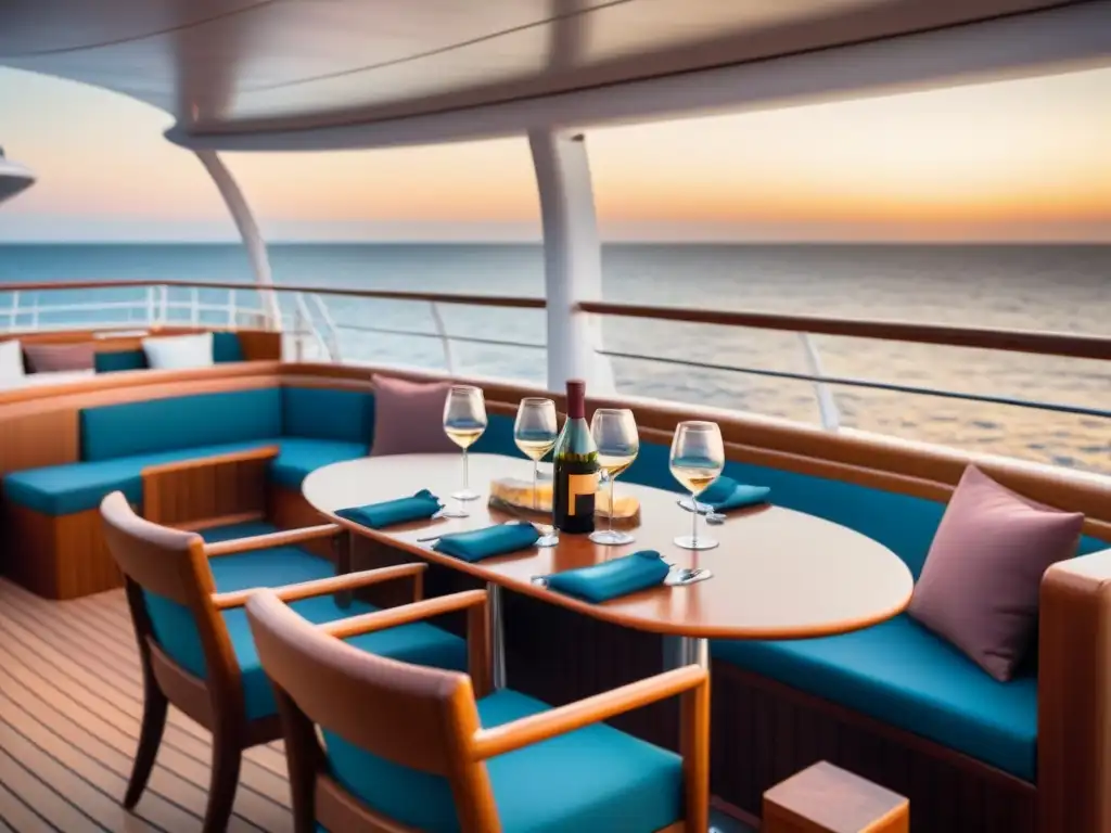 Cata de vinos en crucero: ambiente sofisticado y relajante en la cubierta al atardecer, con elegante mesa de vinos y quesos