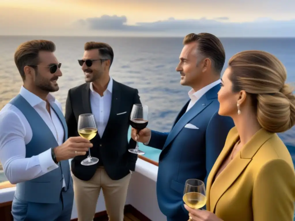 Cata de vinos en crucero al atardecer, pasajeros elegantes disfrutan de exclusiva experiencia en cubierta