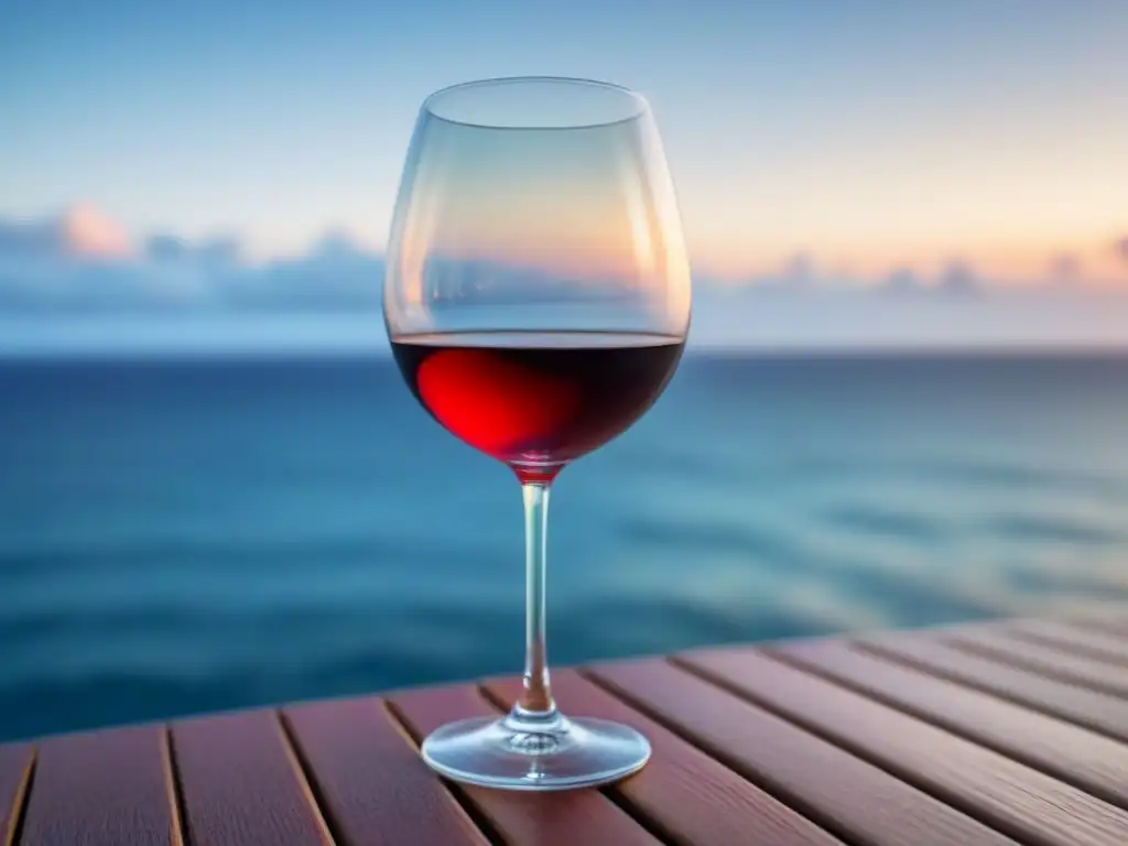 Cata de vinos en crucero: Copa de vino tinto en cubierta de madera, con mar y cielo pastel al fondo