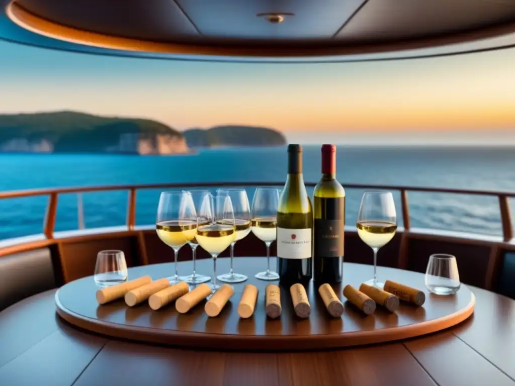 Cata de vinos en crucero: Elegante mesa con botellas y copas de vino, corks esparcidos, vista al mar al atardecer