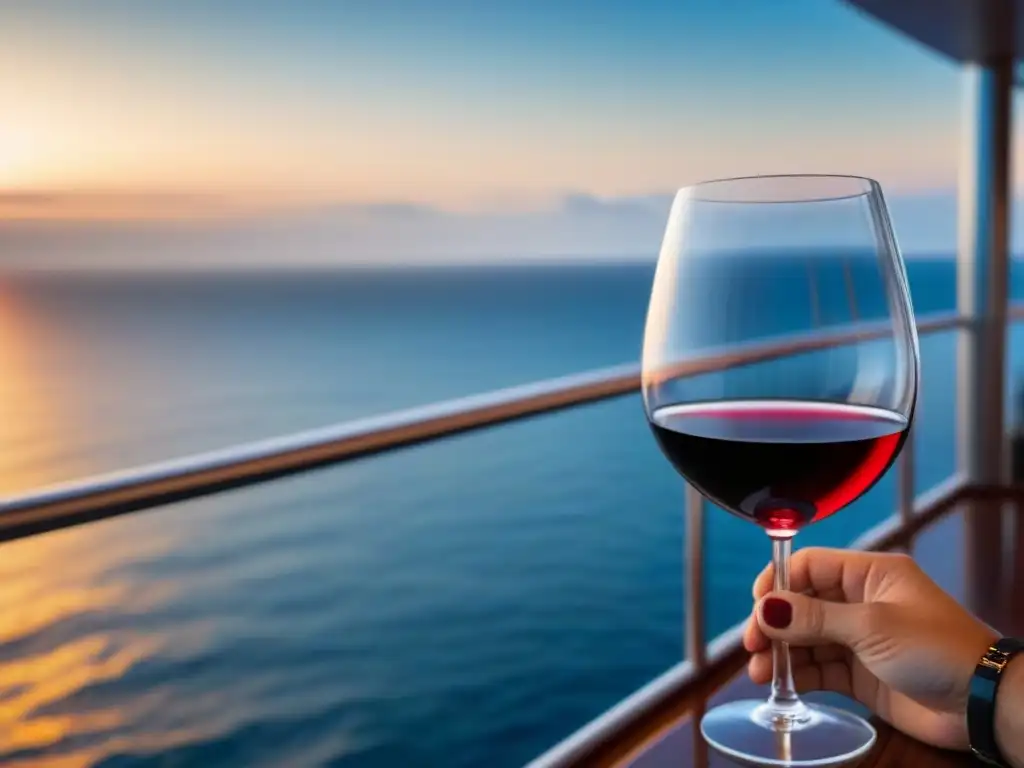 Cata de vinos en crucero: copa de vino tinto frente al mar al atardecer, reflejando la luz del sol en un ambiente sereno y elegante