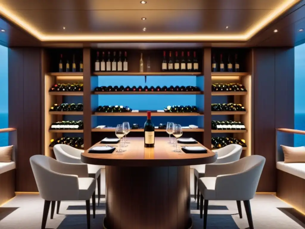 Cata de vinos en crucero: Sala de degustación elegante con copas de vino y botellas de todo el mundo, iluminada con estilo