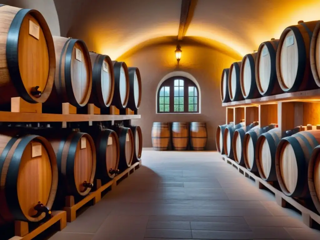 Catálogo de bodegas con barricas de vino, iluminación suave y atmósfera tranquila