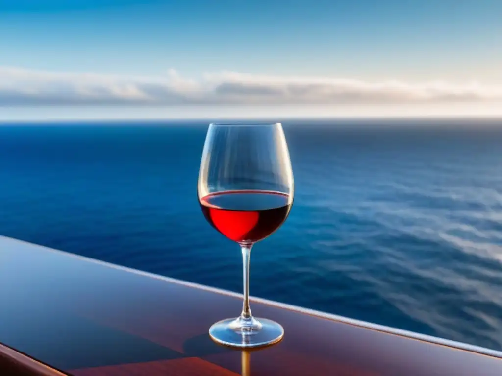 Catas de vinos en crucero: copa de vino tinto en cubierta de lujo, con el mar azul de fondo