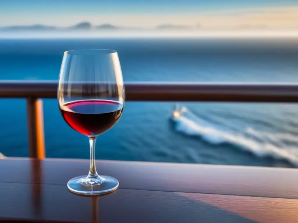 Catas de vinos en crucero: copa de vino tinto sobre madera pulida, con vista al mar desde el balcón