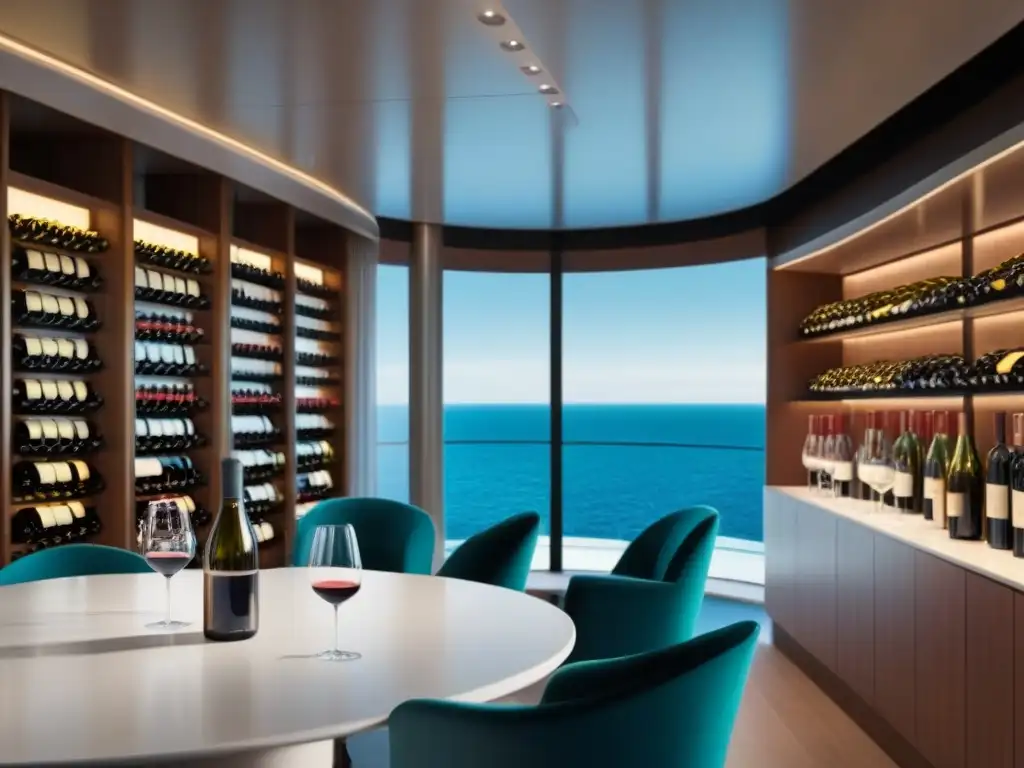 Catas de vinos en cruceros: Sala de degustación elegante en un lujoso barco, con vista al mar y sommelier sirviendo vino