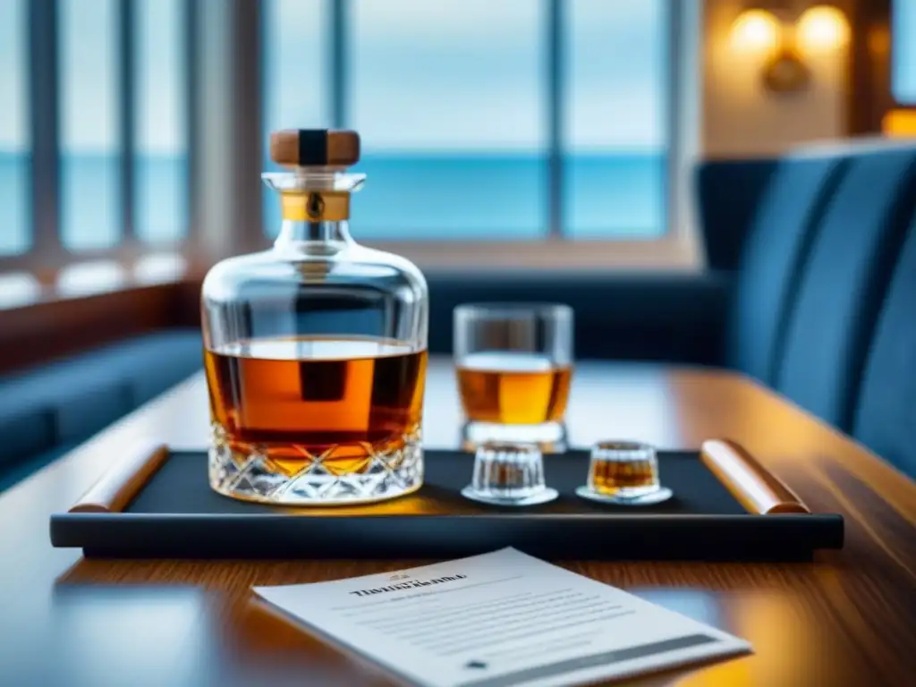 Catas de whisky en cruceros: experiencia elegante con whisky dorado en vaso de cristal y notas de cata en plato blanco sobre mesa de madera pulida