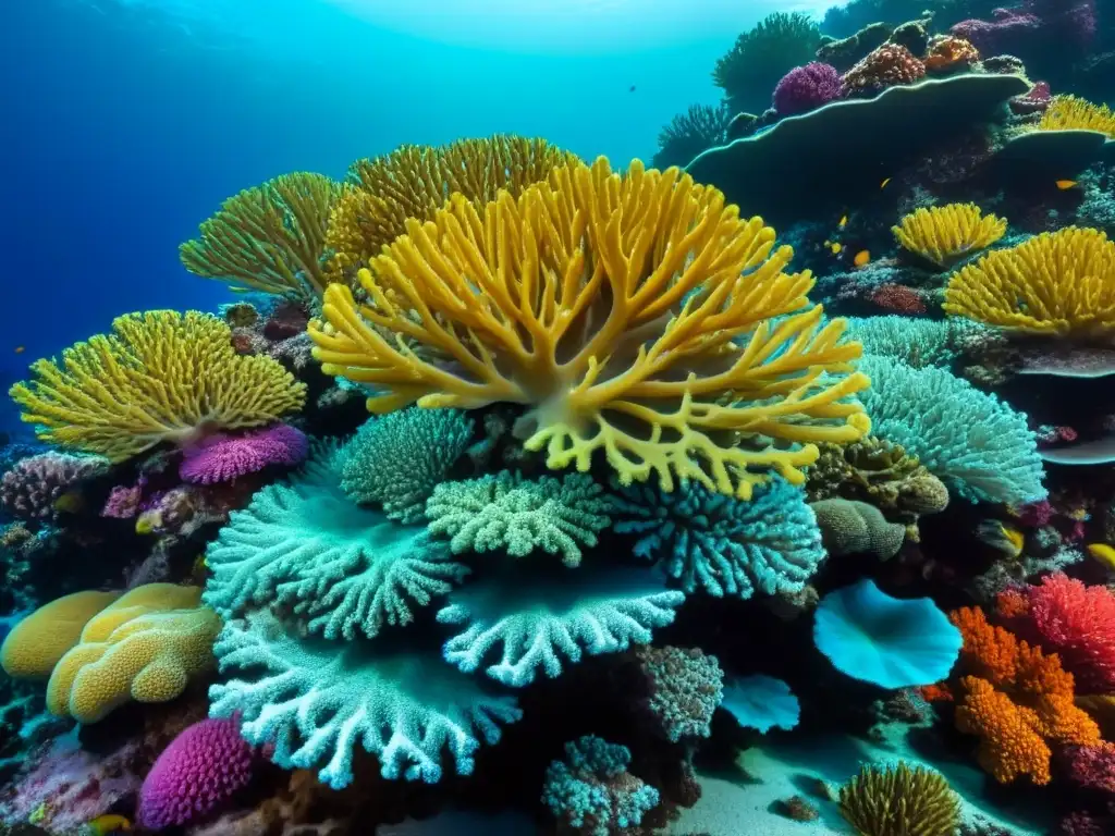 Un cautivador arrecife de coral vibrante, repleto de especies coloridas y peces, bajo la luz del sol