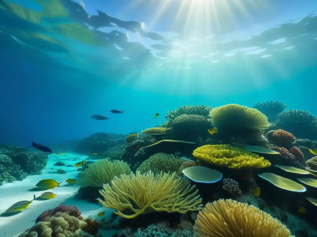 Un cautivador paisaje submarino con una vibrante vida marina en el surf, coral colorido y plantas marinas ondeando suavemente