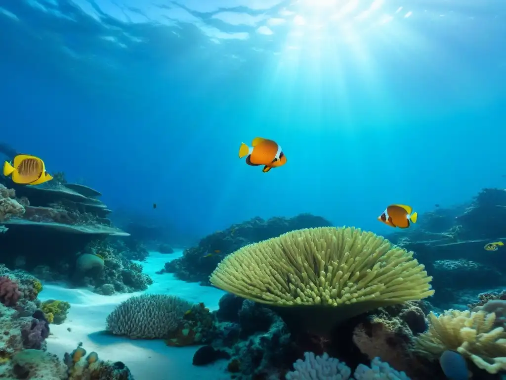 Una cautivadora escena submarina con un arrecife de coral colorido y vida marina, ideal para destinos buceo principiantes maravillas submarinas