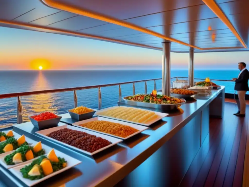 Disfruta de una cena local en crucero con un buffet de platos coloridos y frescos, iluminado por un atardecer dorado sobre el mar