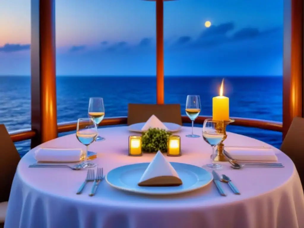 Una cena de lujo en un crucero al aire libre, con mesa elegante, vela y menú gourmet bajo el cielo estrellado sobre el mar