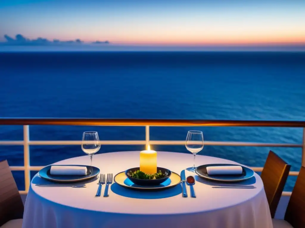 Una cena de lujo en un crucero marítimo, con fina mantelería y vajilla brillante, bajo un cielo estrellado