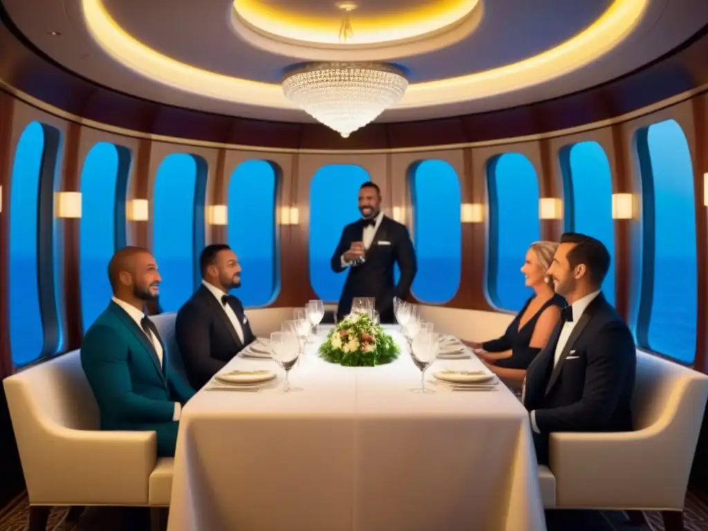 Una cena de lujo en un crucero con platos exóticos, elegante decoración y ambiente sofisticado