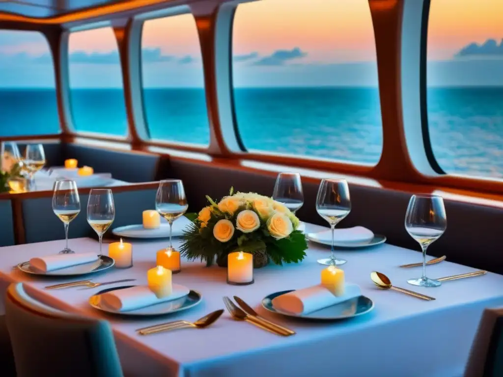 Una cena lujosa en crucero, con vajilla elegante y vista al mar al atardecer