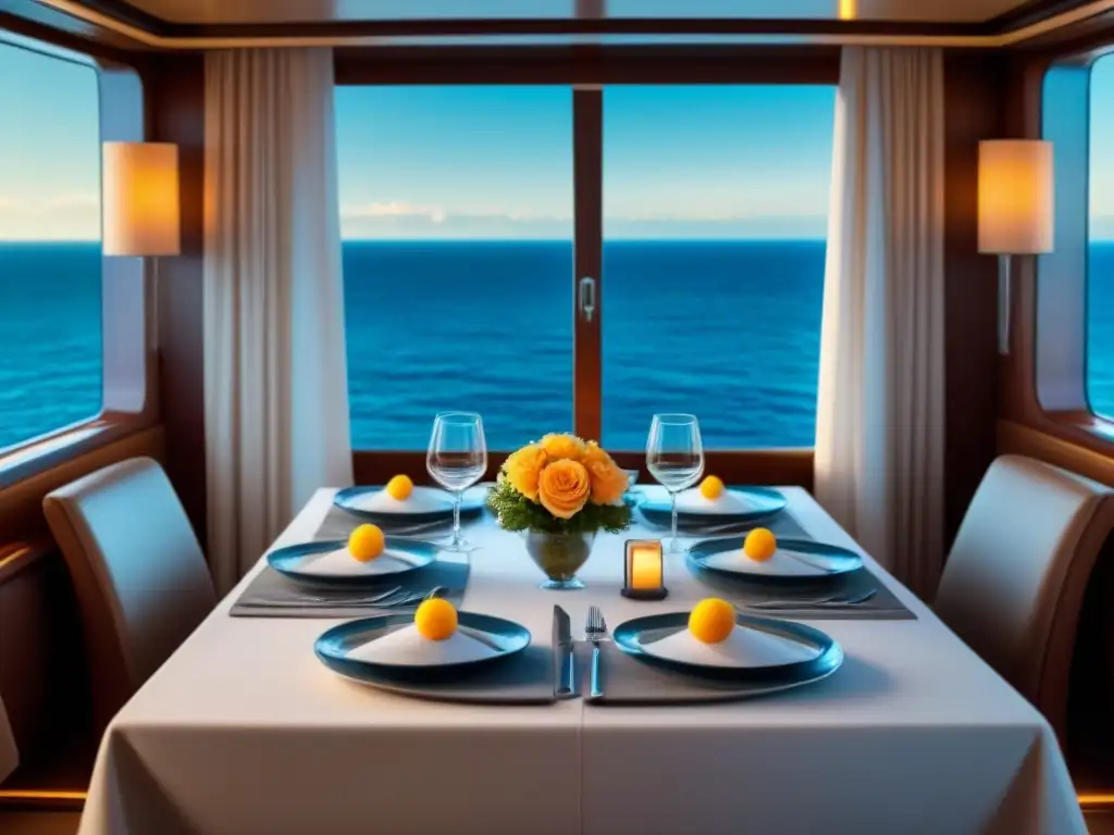 Una cena privada exclusiva en un camarote lujoso a bordo de un crucero, con elegante vajilla y vista al mar