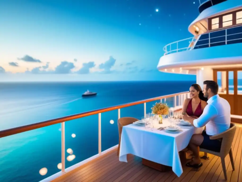 Una cena romántica en crucero de lujo bajo las estrellas, mostrando los mejores cruceros para parejas