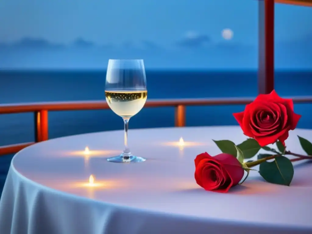 Una cena romántica a la luz de las velas en un crucero, con vista al mar bajo un cielo estrellado