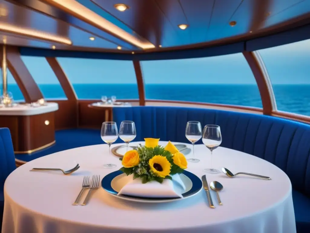 Cena temática en crucero marítimo: mesa elegante con mantel blanco, cubiertos de plata y flores exóticas, frente al mar nocturno estrellado