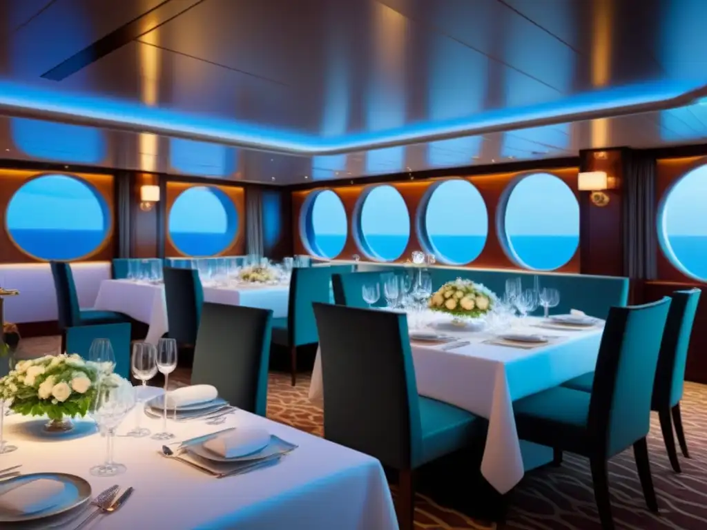 Una cena temática de lujo en un crucero, con elegantes mesas y comensales disfrutando de gastronomía internacional