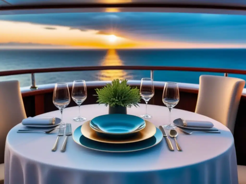 Cenas exclusivas en cruceros: mesa elegante en cubierta con vajilla fina y cristalería, iluminada por la puesta de sol en el mar