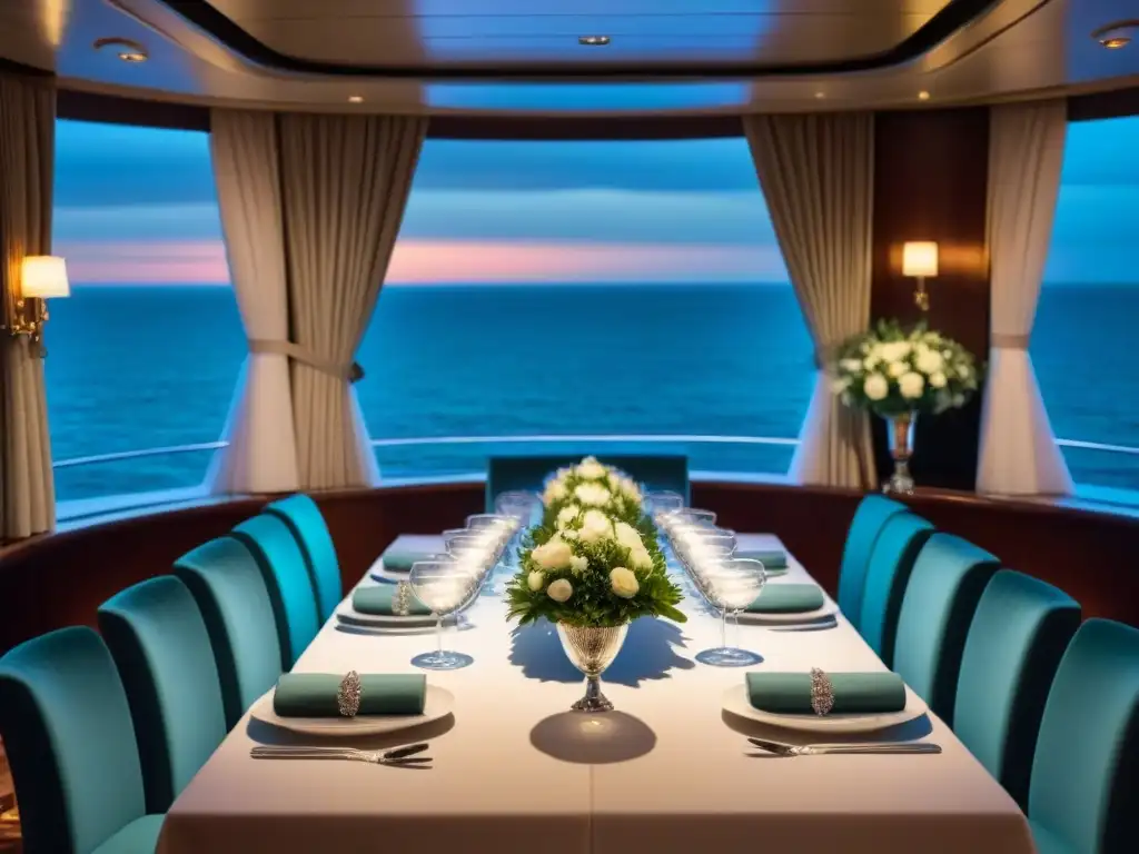 Cenas temáticas en crucero: Elegante comedor con mesa de madera, vajilla fina y velas, iluminado por luz cálida con vista al mar nocturno