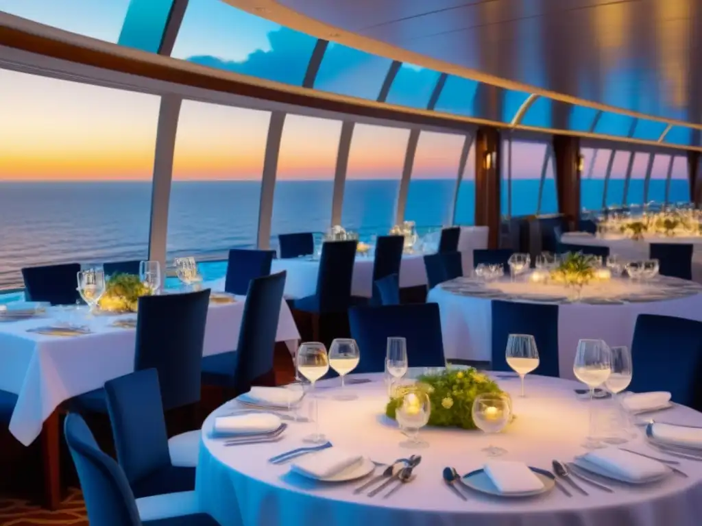 Cenas temáticas en crucero: Elegante comedor con decoración náutica, mesas lujosas y vista al mar al atardecer