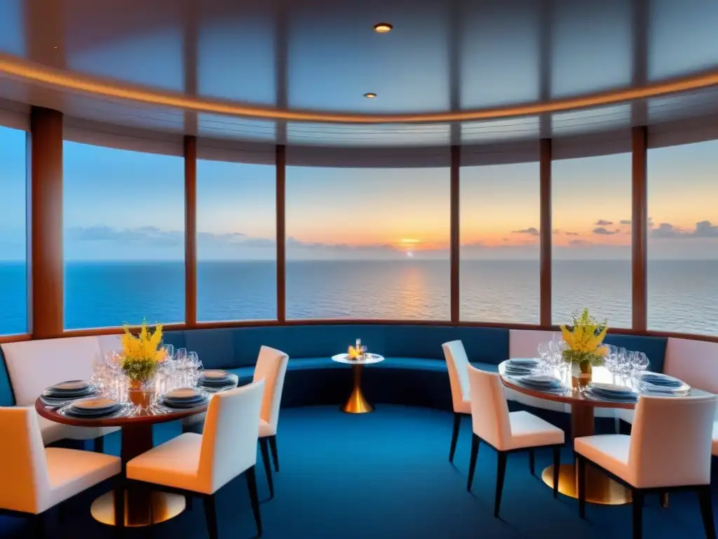 Cenas temáticas en cruceros: Elegante comedor con decoración moderna y vistas al mar al atardecer